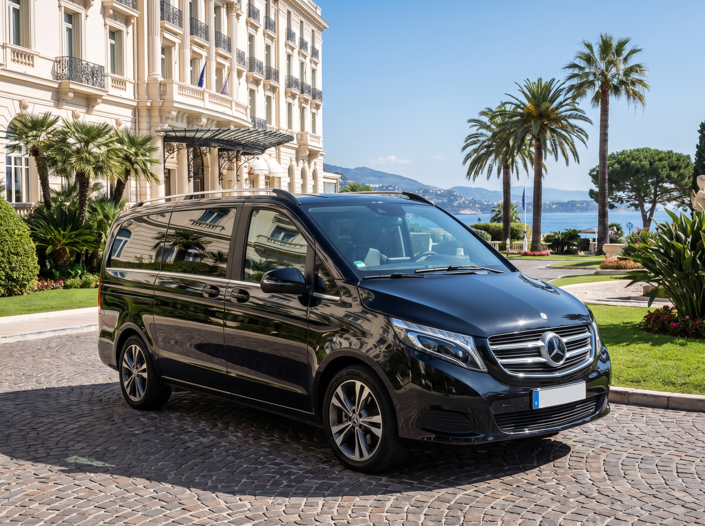 Mercedes-Benz Classe V garée devant un hôtel de prestige sur la Côte d'Azur